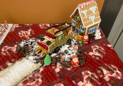 An inventive gingerbread train, splendidly decorated with candies and frosting
